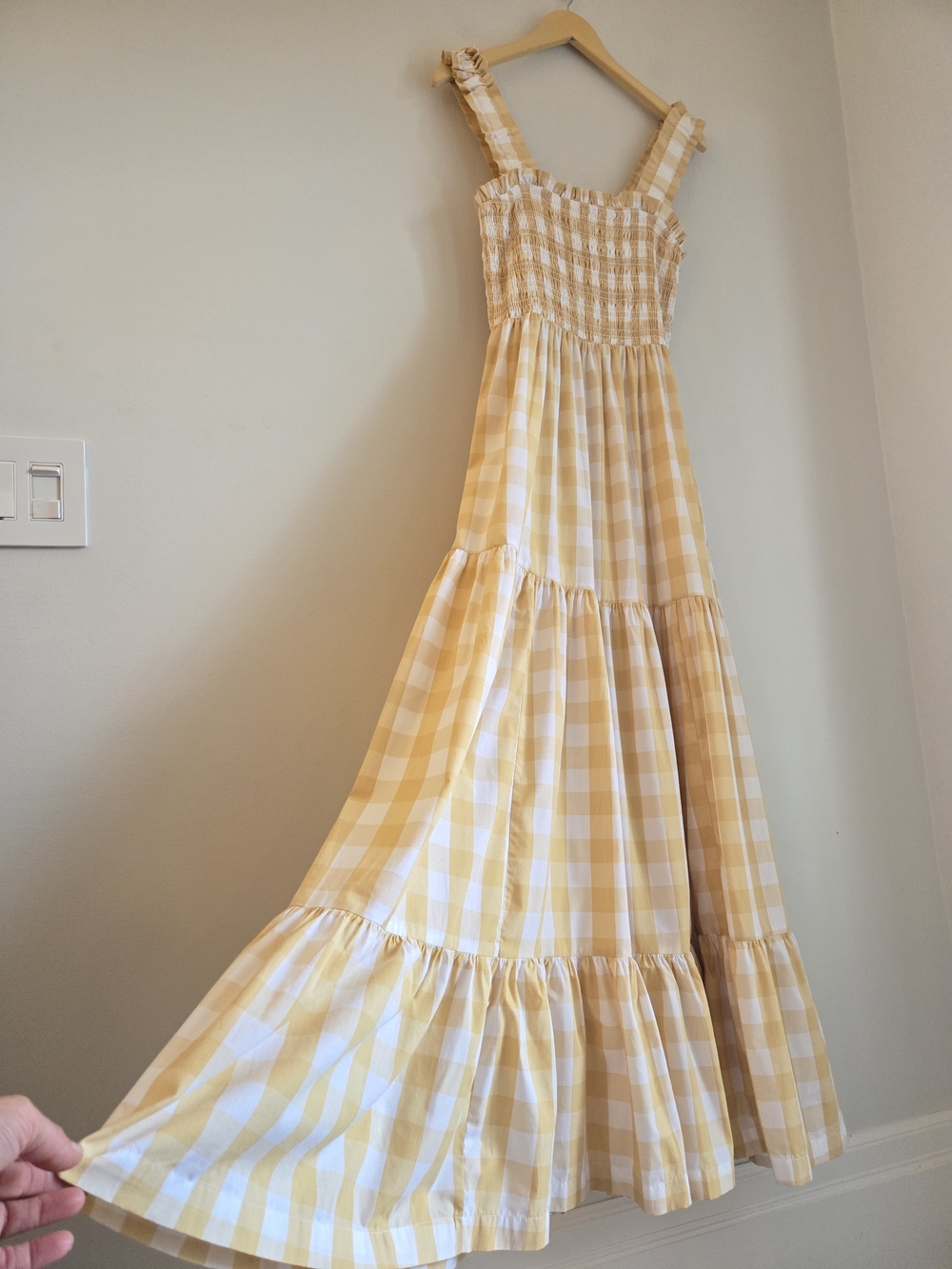 Abercrombie&Fitch 100% Cotton Gingham Smocked Tiered Maxi Dress Butter Yellow LT - Picture 6 of 16